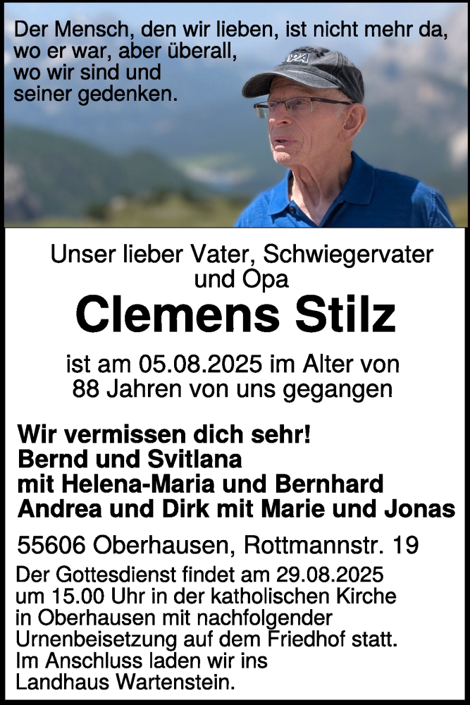  Traueranzeige für Clemens Stilz vom 23.08.2025 aus WochenSpiegel