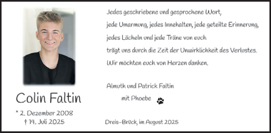 Traueranzeige von Colin Faltin von WochenSpiegel