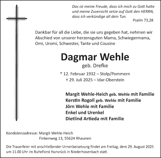 Traueranzeige von Dagmar Wehle von WochenSpiegel