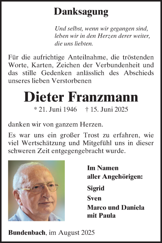 Traueranzeige von Dieter Franzmann von WochenSpiegel