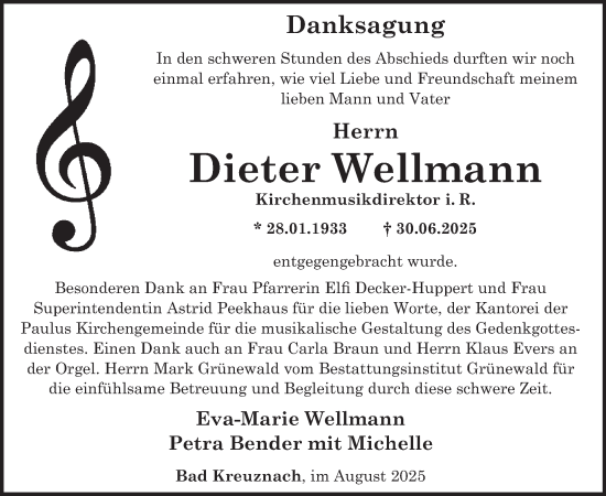 Traueranzeige von Dieter Wellmann von WochenSpiegel