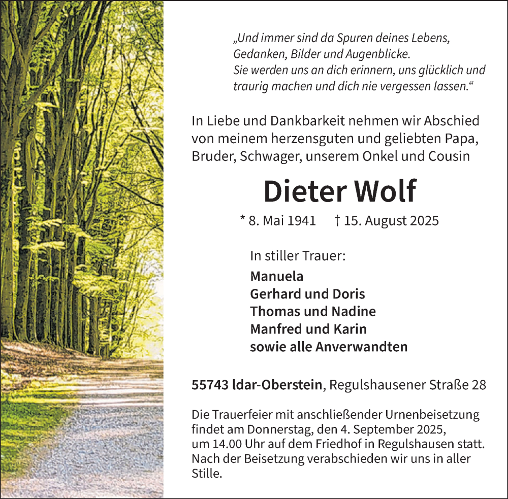  Traueranzeige für Dieter Wolf vom 30.08.2025 aus WochenSpiegel