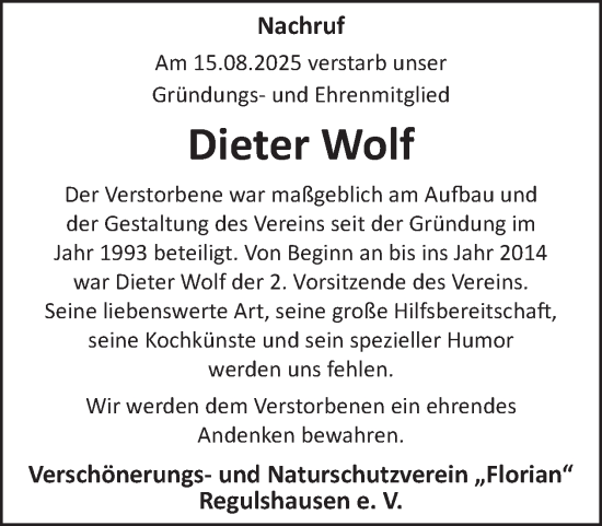 Traueranzeige von Dieter Wolf von WochenSpiegel