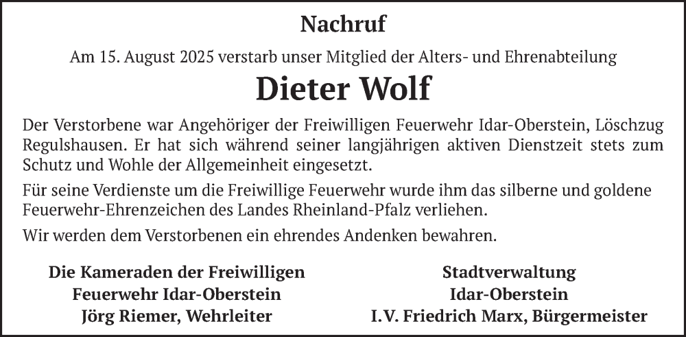  Traueranzeige für Dieter Wolf vom 30.08.2025 aus WochenSpiegel