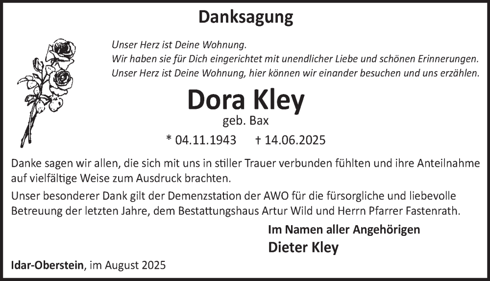  Traueranzeige für Dora Kley vom 16.08.2025 aus WochenSpiegel
