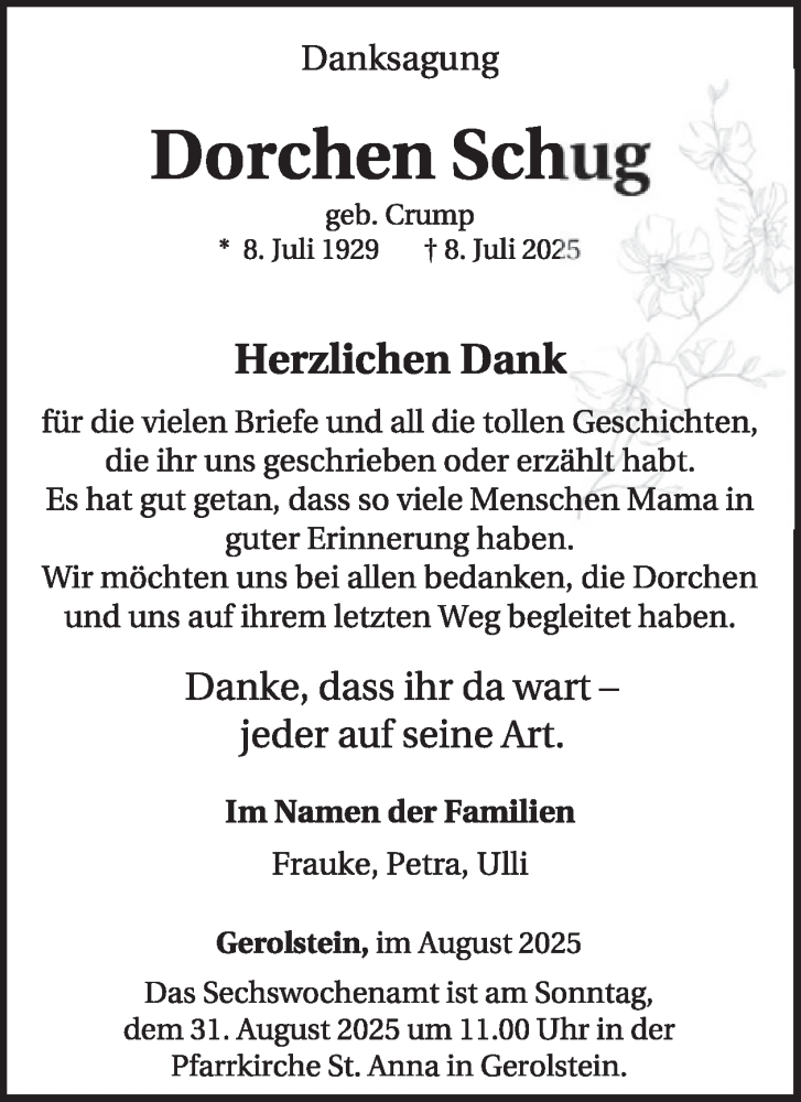  Traueranzeige für Dorchen Schug vom 23.08.2025 aus WochenSpiegel