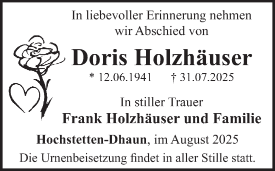 Traueranzeige von Doris Holzhäuser von WochenSpiegel
