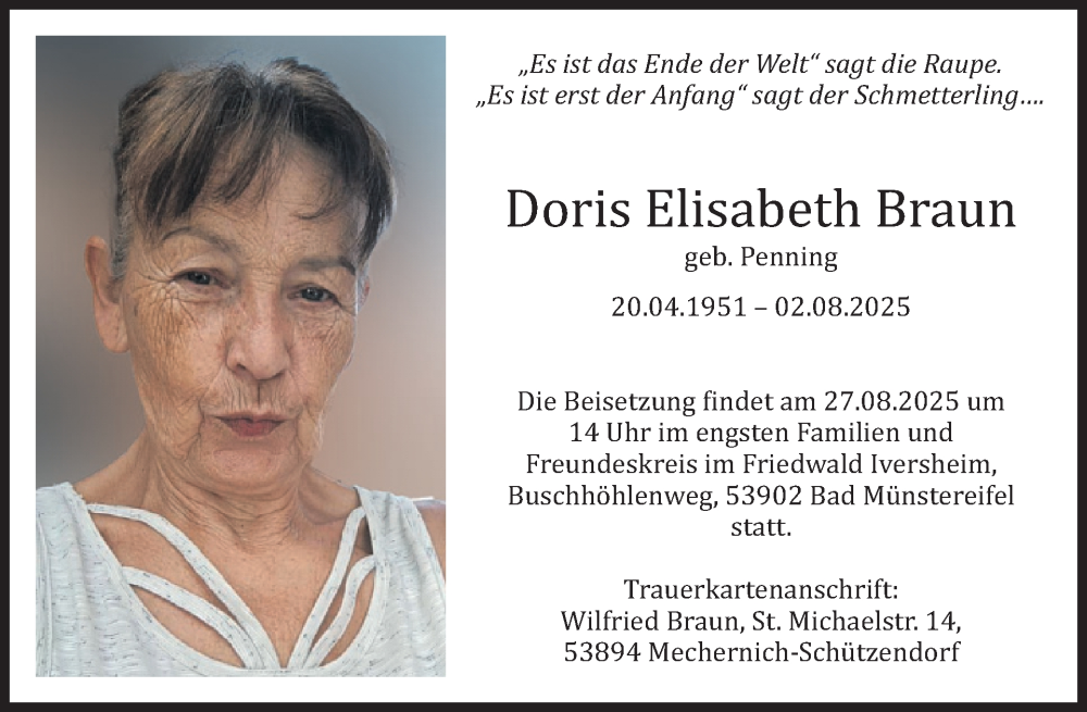  Traueranzeige für Doris Elisabeth Braun vom 20.08.2025 aus WochenSpiegel