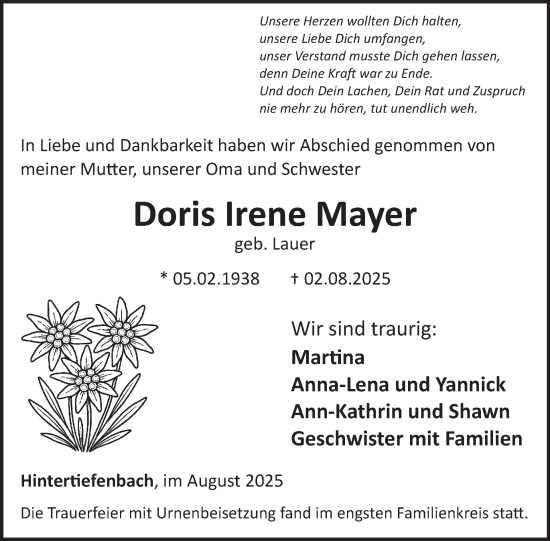 Traueranzeige von Doris Irene Mayer von WochenSpiegel