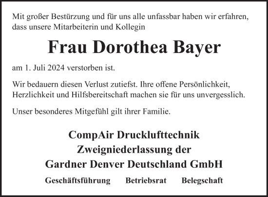 Traueranzeige von Dorothea Bayer von WochenSpiegel