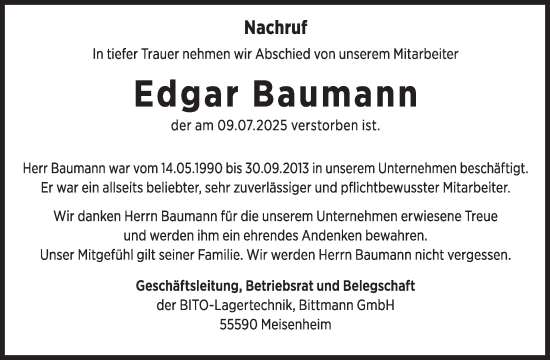 Traueranzeige von Edgar Baumann von WochenSpiegel