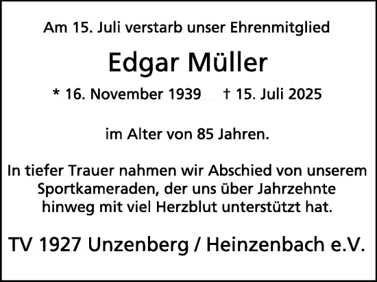 Traueranzeige von Edgar Müller von WochenSpiegel