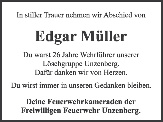 Traueranzeige von Edgar Müller von WochenSpiegel