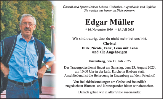 Traueranzeige von Edgar Müller von WochenSpiegel