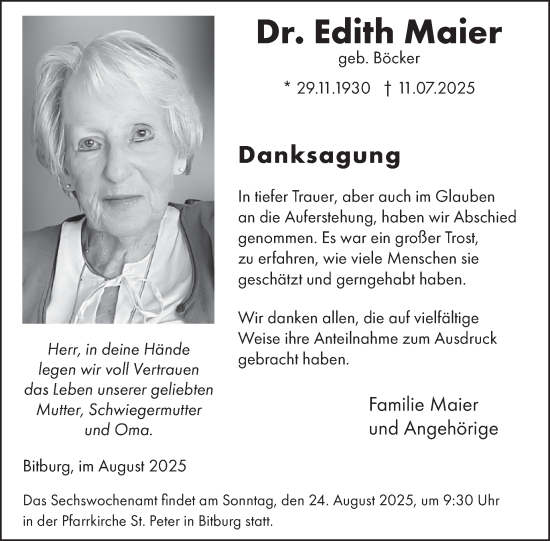 Traueranzeige von Edith Maier von WochenSpiegel