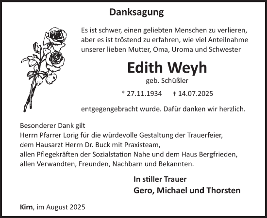 Traueranzeige von Edith Weyh von WochenSpiegel