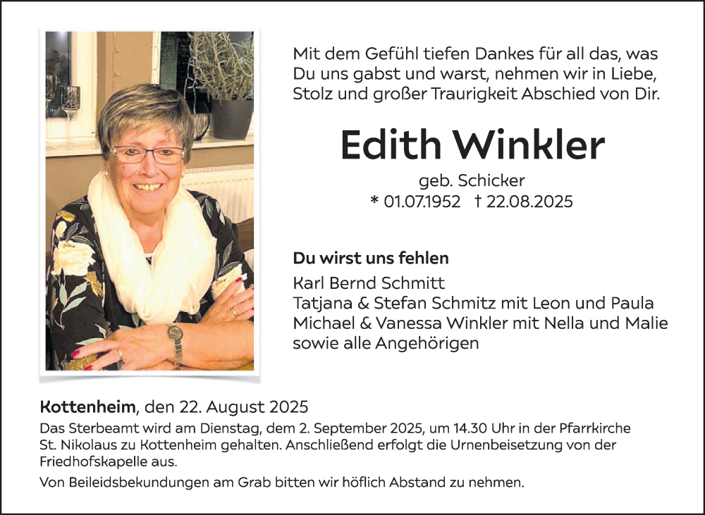  Traueranzeige für Edith Winkler vom 27.08.2025 aus WochenSpiegel