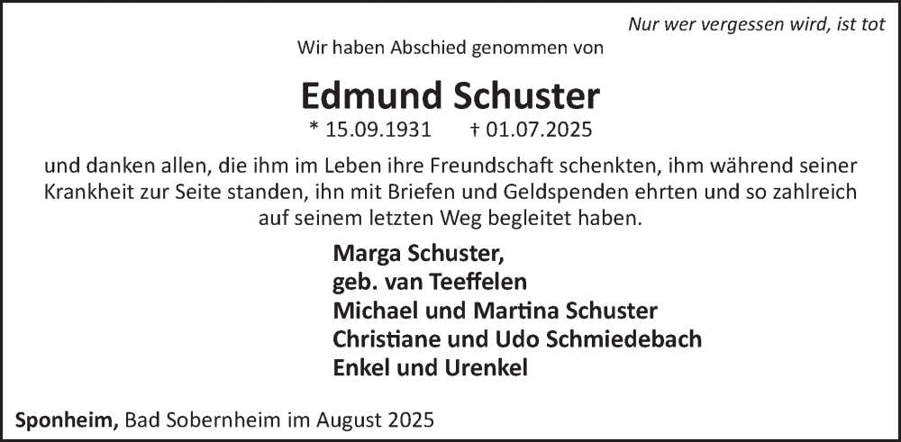  Traueranzeige für Edmund Schuster vom 30.08.2025 aus WochenSpiegel