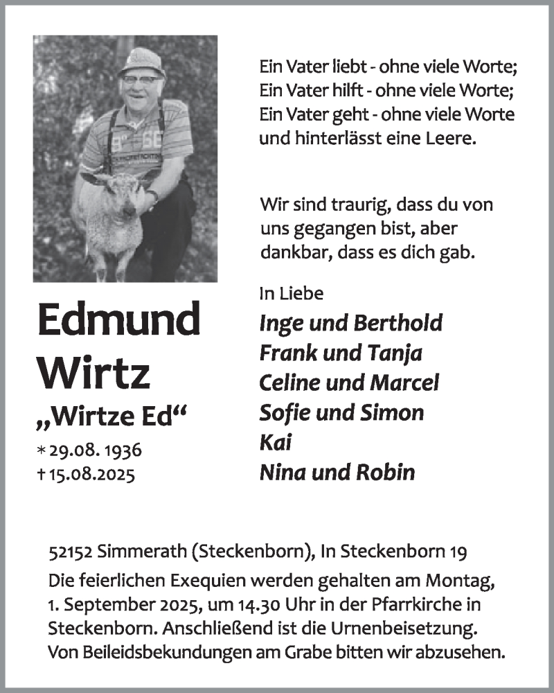  Traueranzeige für Edmund Wirtz  vom 27.08.2025 aus WochenSpiegel