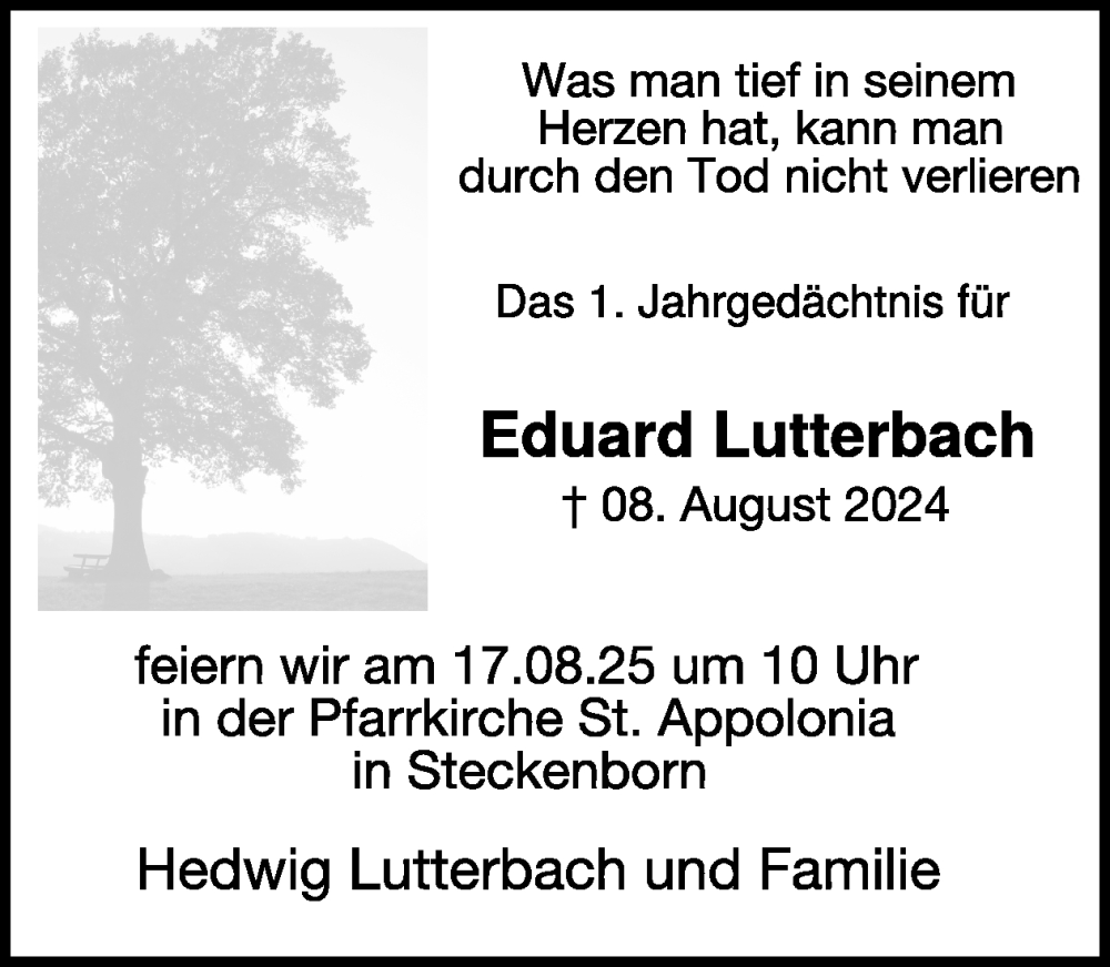  Traueranzeige für Eduard Lutterbach vom 06.08.2025 aus WochenSpiegel