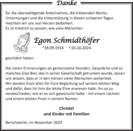 Traueranzeige von Egon Schmidthöfer von WochenSpiegel