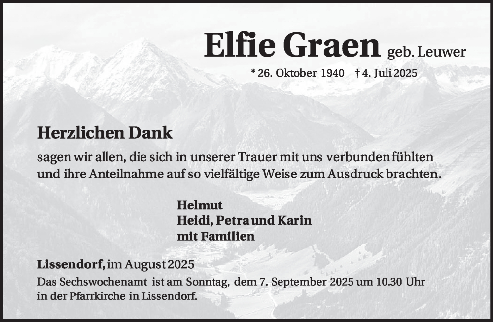  Traueranzeige für Elfie Graen vom 30.08.2025 aus WochenSpiegel