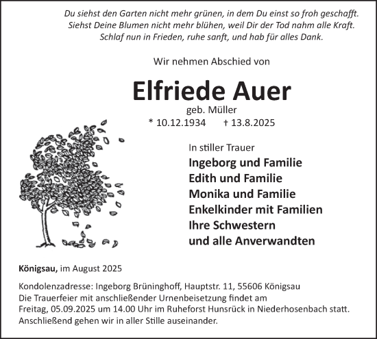 Traueranzeige von Elfriede Auer von WochenSpiegel