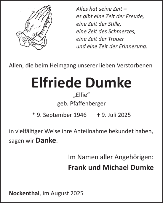 Traueranzeige von Elfriede Dumke von WochenSpiegel