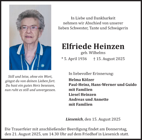 Traueranzeige von Elfriede Heinzen von WochenSpiegel