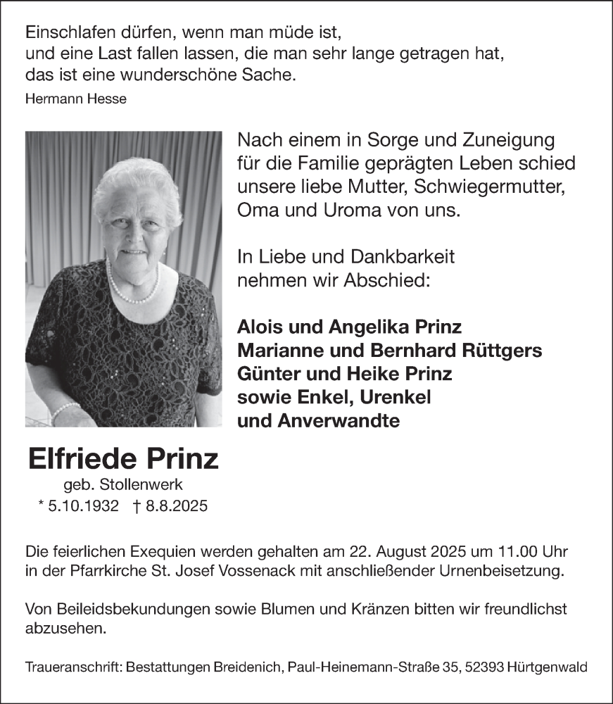  Traueranzeige für Elfriede Prinz vom 13.08.2025 aus WochenSpiegel