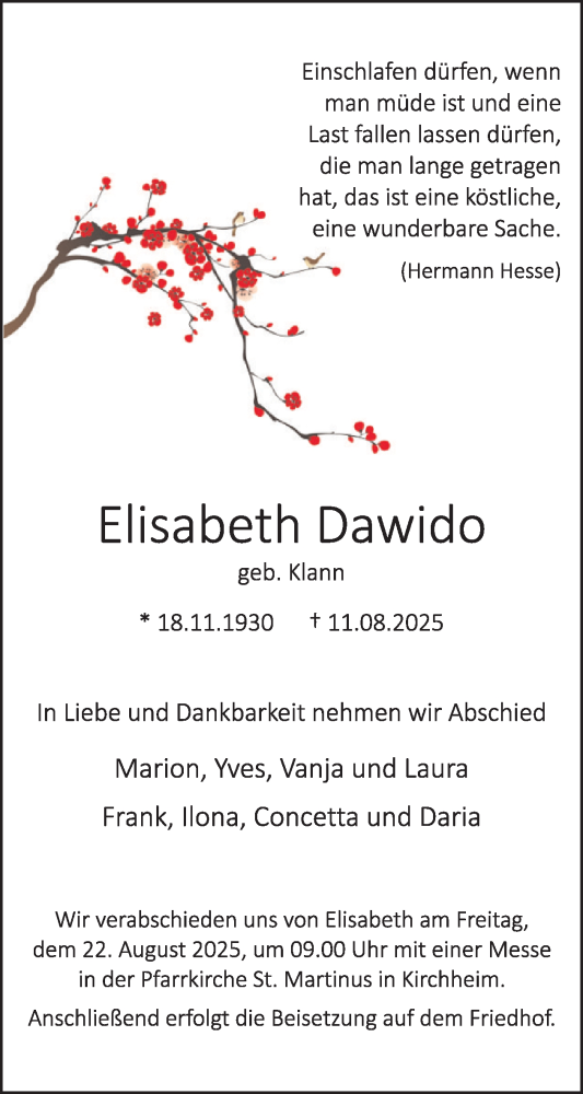 Traueranzeige von Elisabeth Dawido von WochenSpiegel