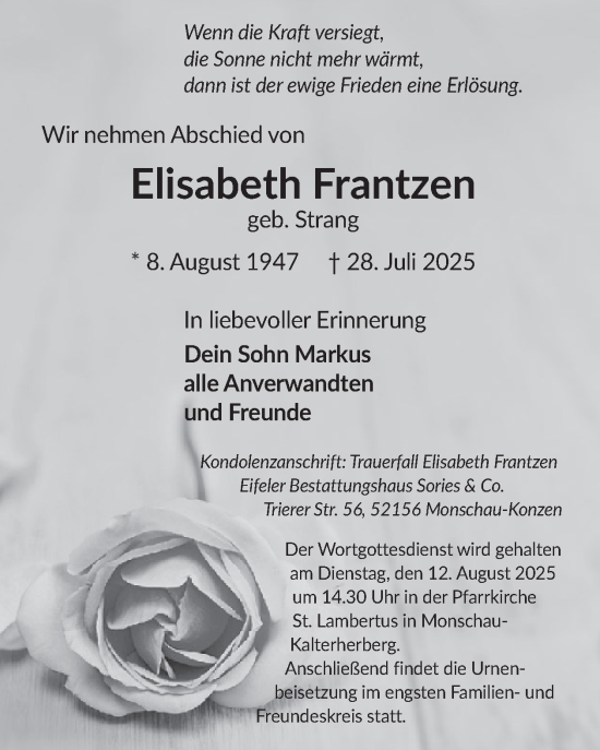 Traueranzeige von Elisabeth Frantzen von WochenSpiegel