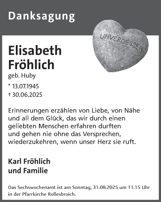 Traueranzeige von Elisabeth Fröhlich von WochenSpiegel