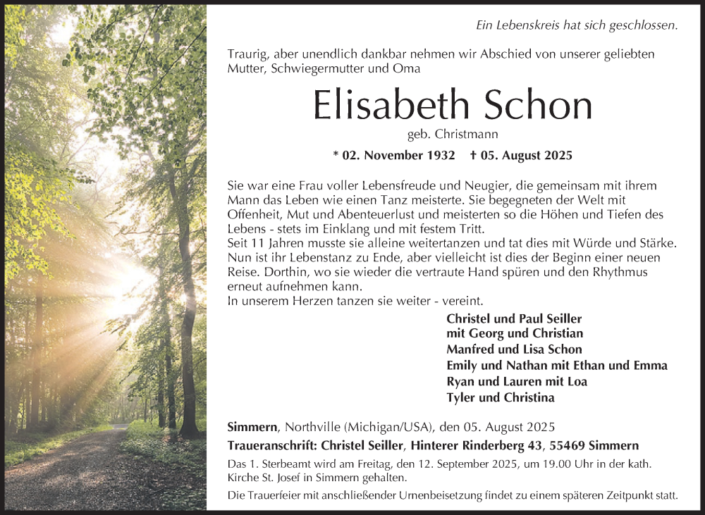  Traueranzeige für Elisabeth Schon vom 16.08.2025 aus WochenSpiegel