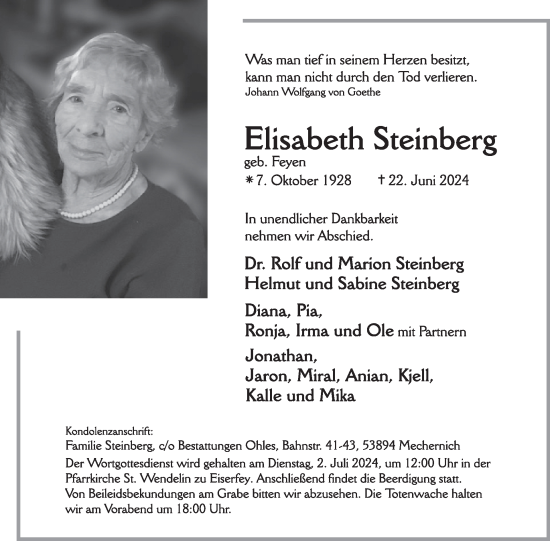 Traueranzeige von Elisabeth Steinberg von WochenSpiegel