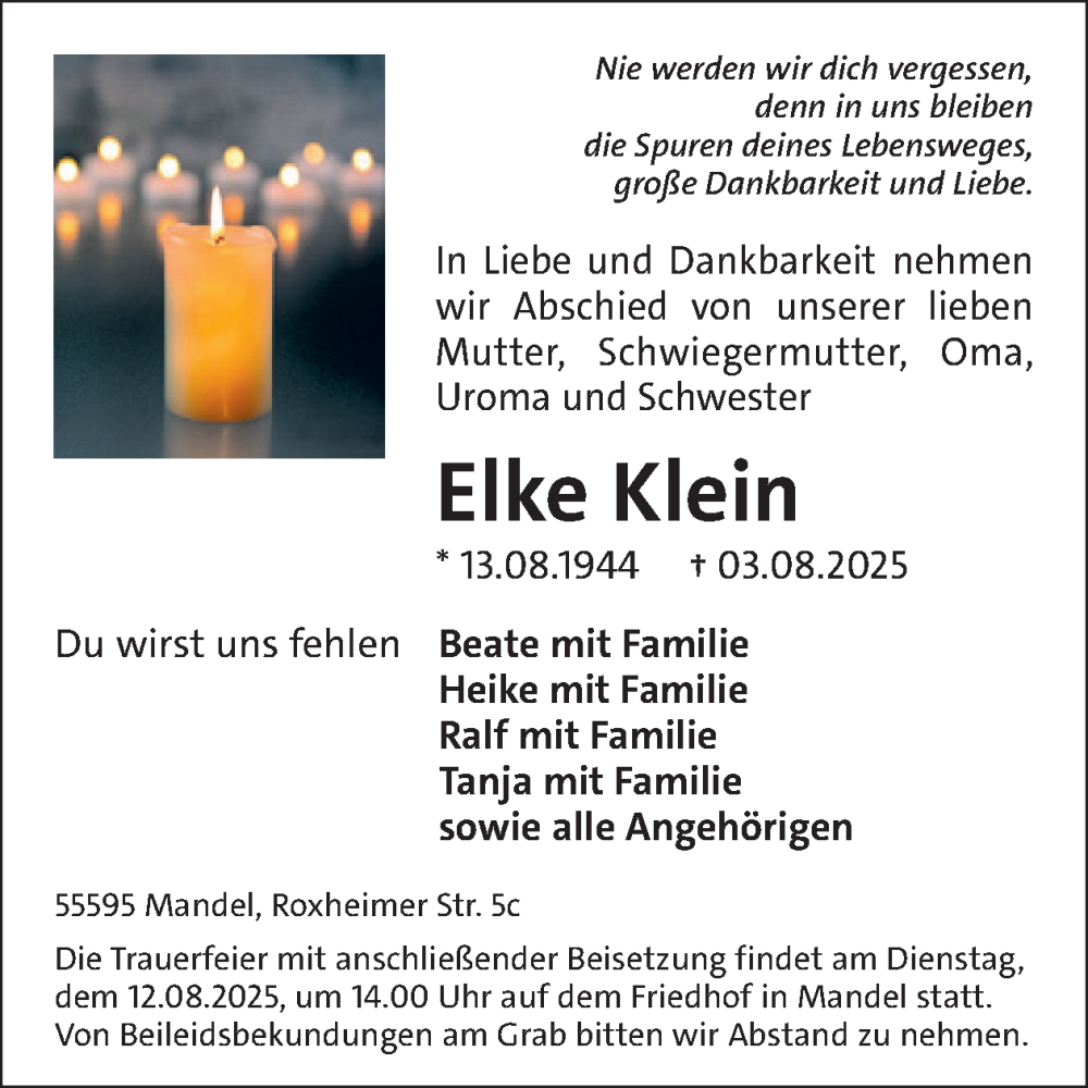  Traueranzeige für Elke Klein vom 09.08.2025 aus WochenSpiegel