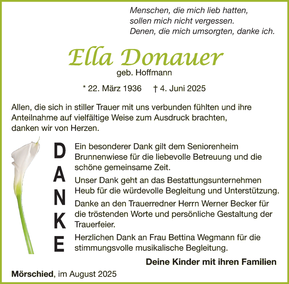  Traueranzeige für Ella Donauer vom 16.08.2025 aus WochenSpiegel