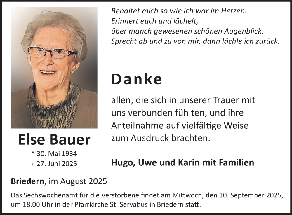  Traueranzeige für Else Bauer vom 06.08.2025 aus WochenSpiegel