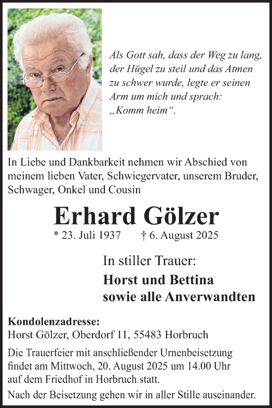 Traueranzeige von Erhard Gölzer von WochenSpiegel