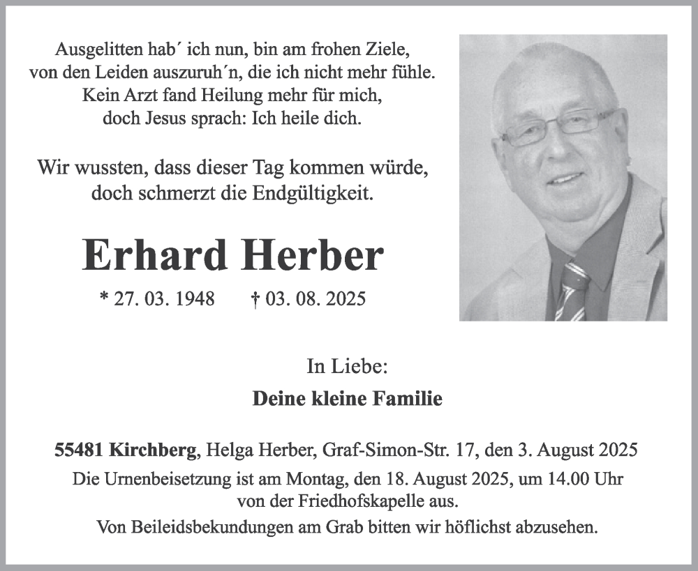  Traueranzeige für Erhard Herber vom 09.08.2025 aus WochenSpiegel