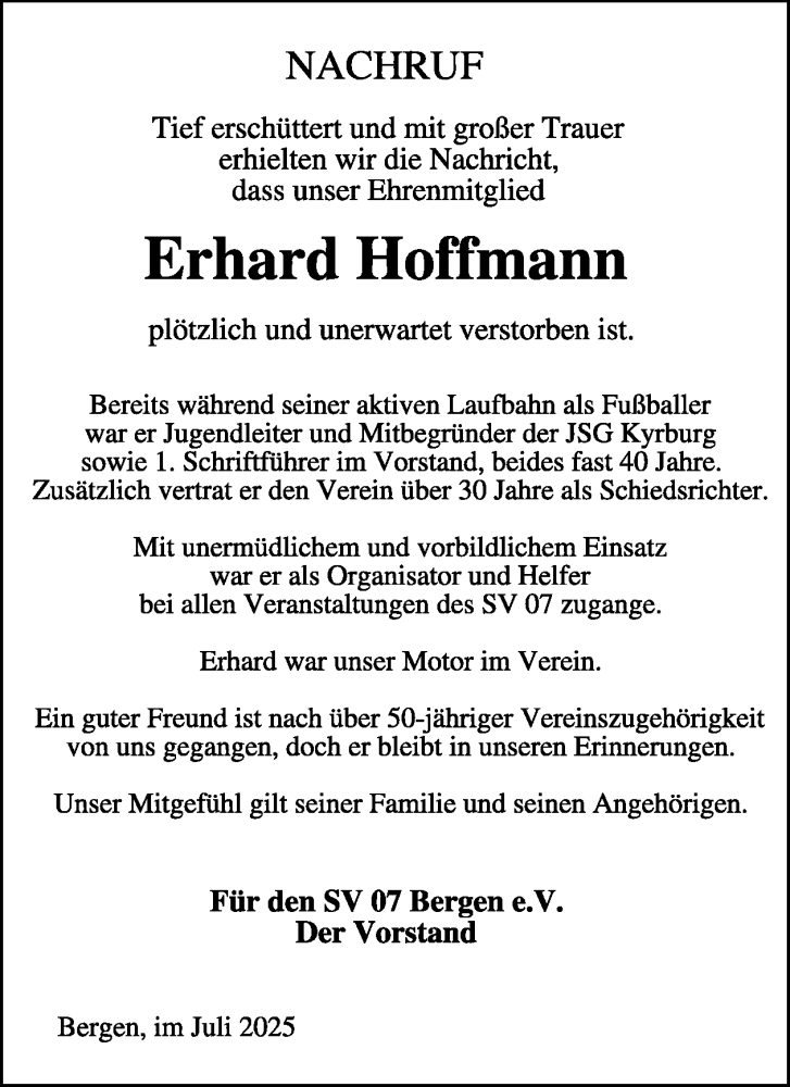  Traueranzeige für Erhard Hoffmann vom 09.08.2025 aus WochenSpiegel