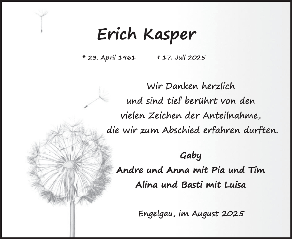  Traueranzeige für Erich Kasper vom 13.08.2025 aus WochenSpiegel