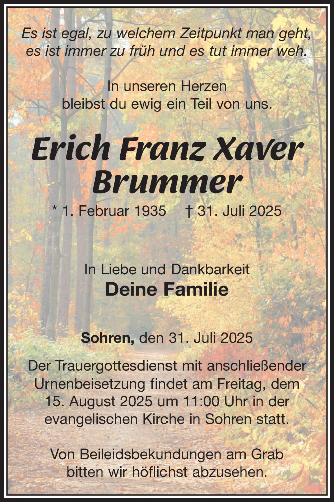 Traueranzeige für Erich Franz Xaver Brummer vom 09.08.2025 aus WochenSpiegel