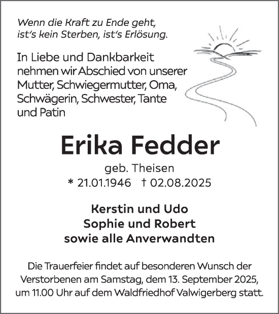 Traueranzeige von Erika Fedder von WochenSpiegel