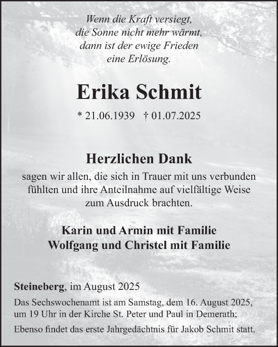 Traueranzeige von Erika Schmit von WochenSpiegel