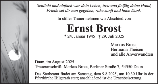 Traueranzeige von Ernst Brost von WochenSpiegel