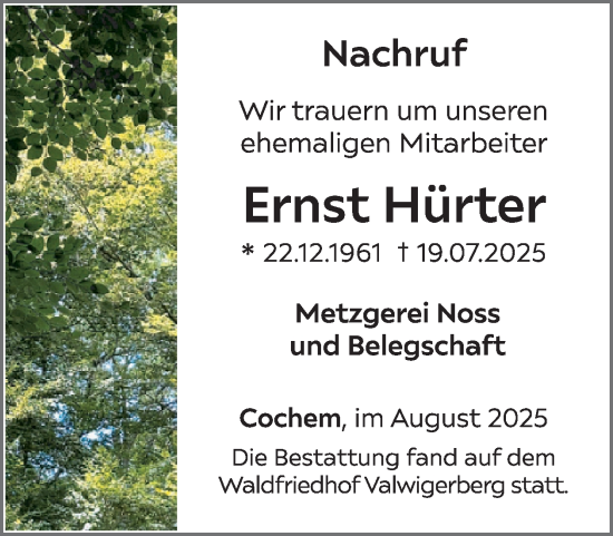 Traueranzeige von Ernst Hürter von WochenSpiegel
