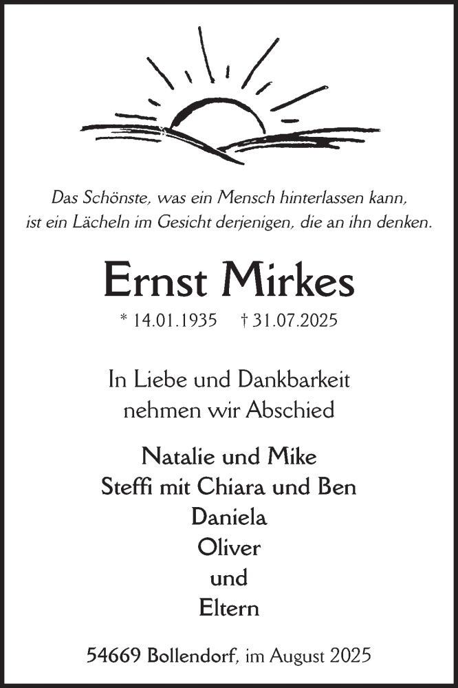  Traueranzeige für Ernst Mirkes vom 15.08.2025 aus WochenSpiegel
