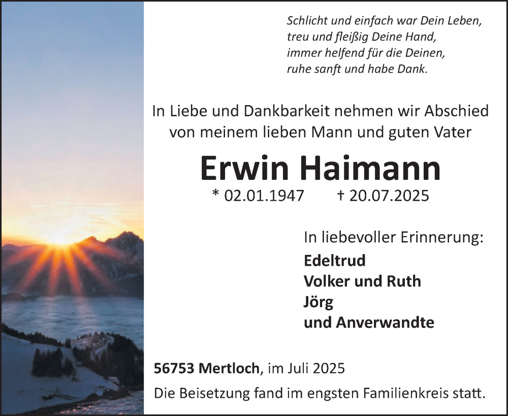  Traueranzeige für Erwin Haimann vom 06.08.2025 aus WochenSpiegel