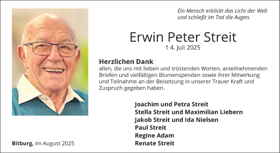 Traueranzeige von Erwin Peter Streit von WochenSpiegel